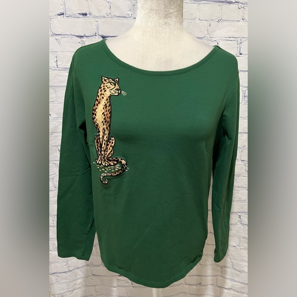 Bob Mackie Wearable Art Cheetah Green Cotton Embroidered Long Sleeve Women’s S